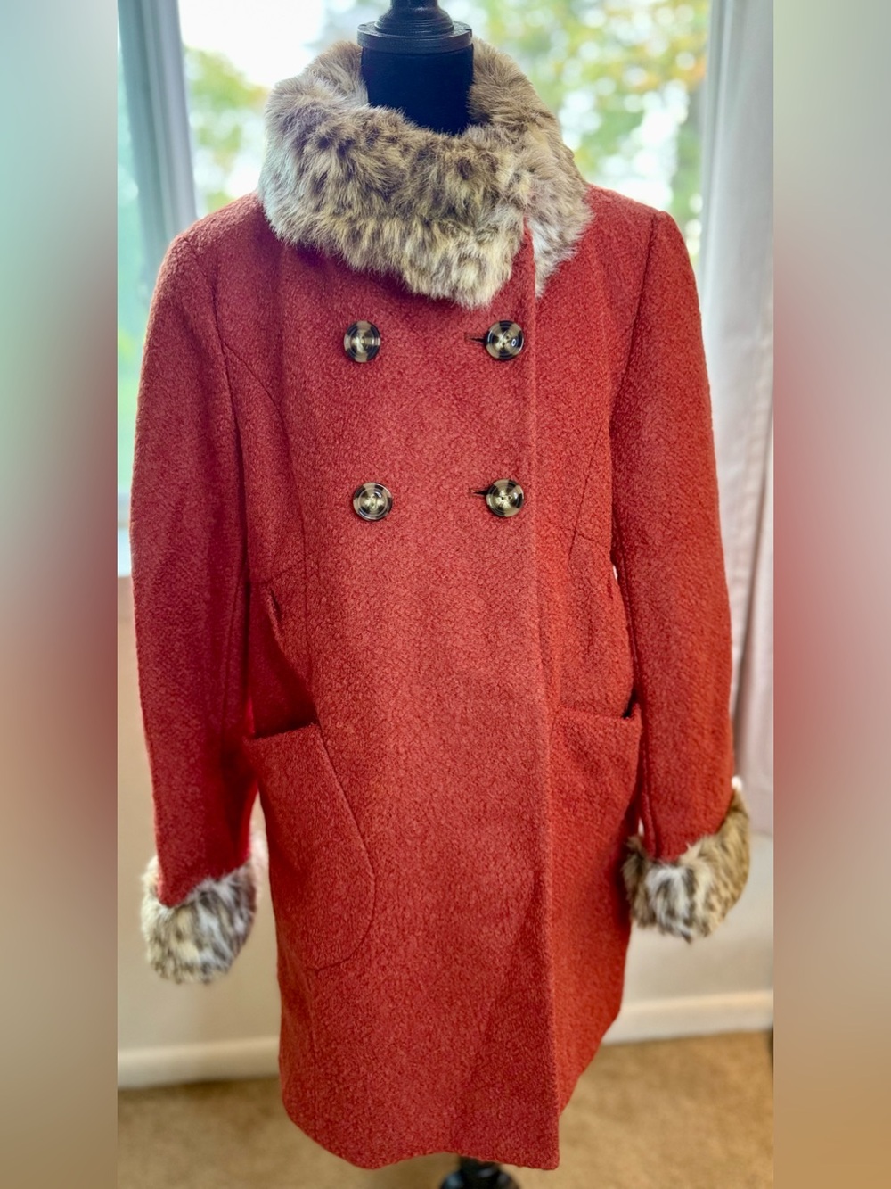 NWT Apt 9 vintage inspired wool blend chic warm winter coat rust leopard Lrg I
